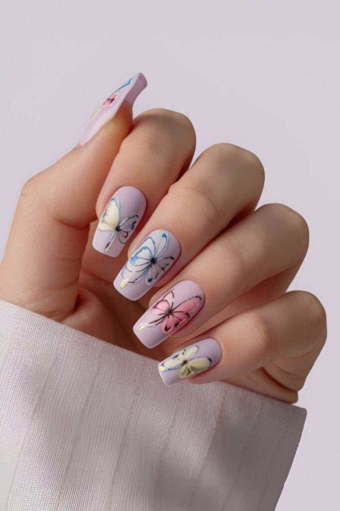 Light lavender acrylic nails with detailed butterfly designs, perfect for spring