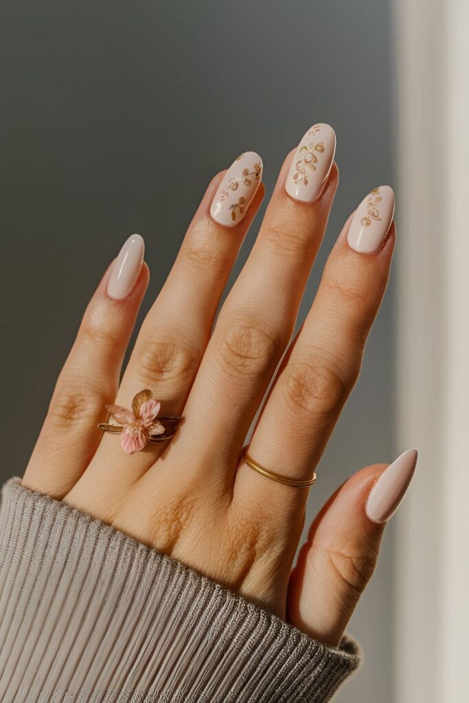 Light, neutral base nails with tiny, intricate pale pink and subtle beige flowers on accent nails.