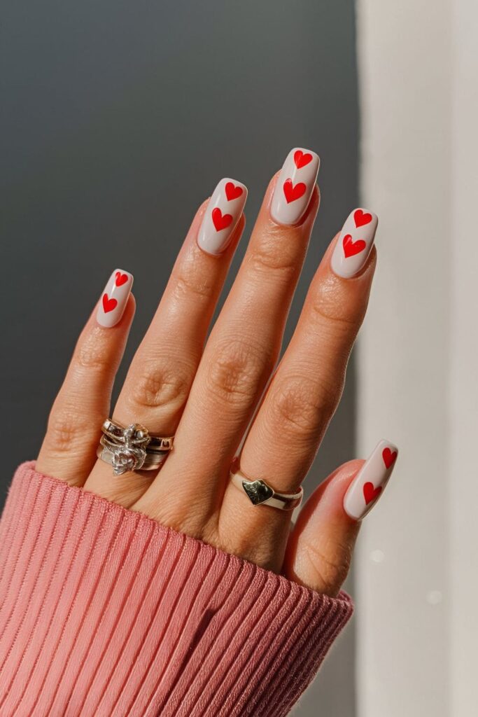 Light pink acrylic nails with red and white heart patterns, ideal for a romantic look