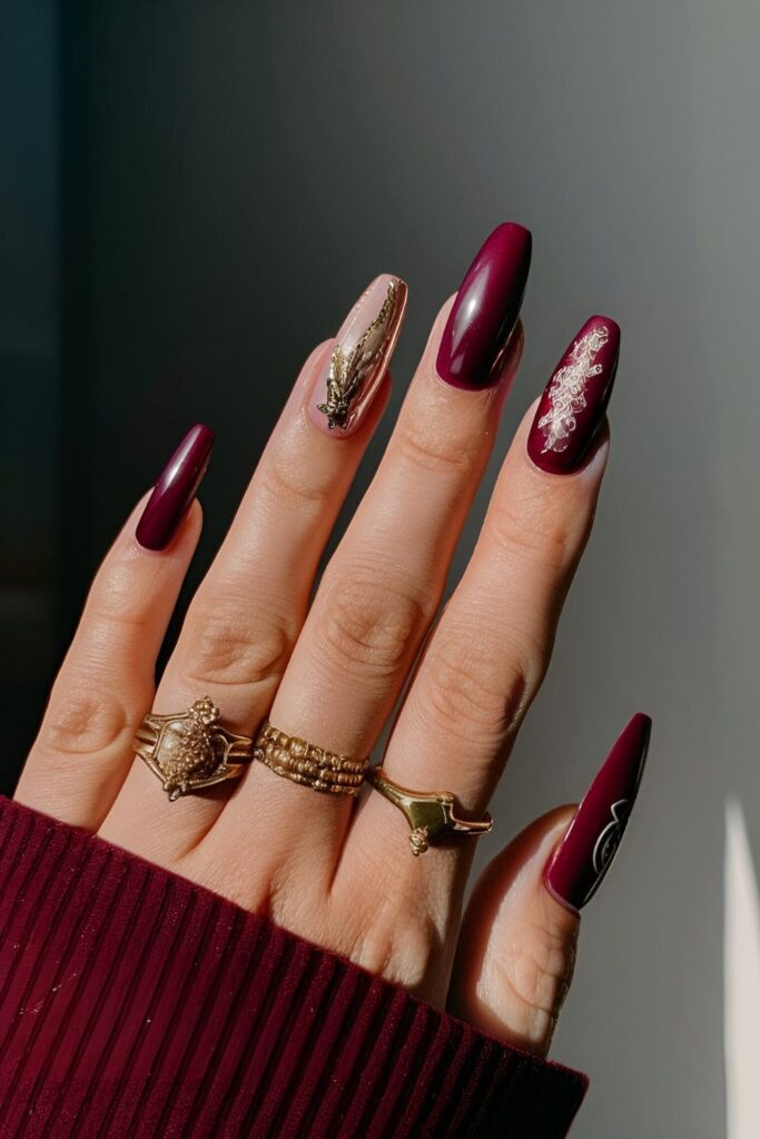 Luxurious nail art with gold foil accents