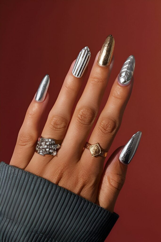 Luxurious nails combining silver and gold with various patterns such as stripes and dots on a contrasting baseFeminine nail design featuring delicate silver butterfly patterns on a clear or colored base