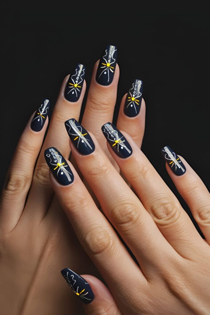 Magical acrylic nails with firefly designs, dark backgrounds, and glowing accents, set against a nighttime, sparkly backdrop