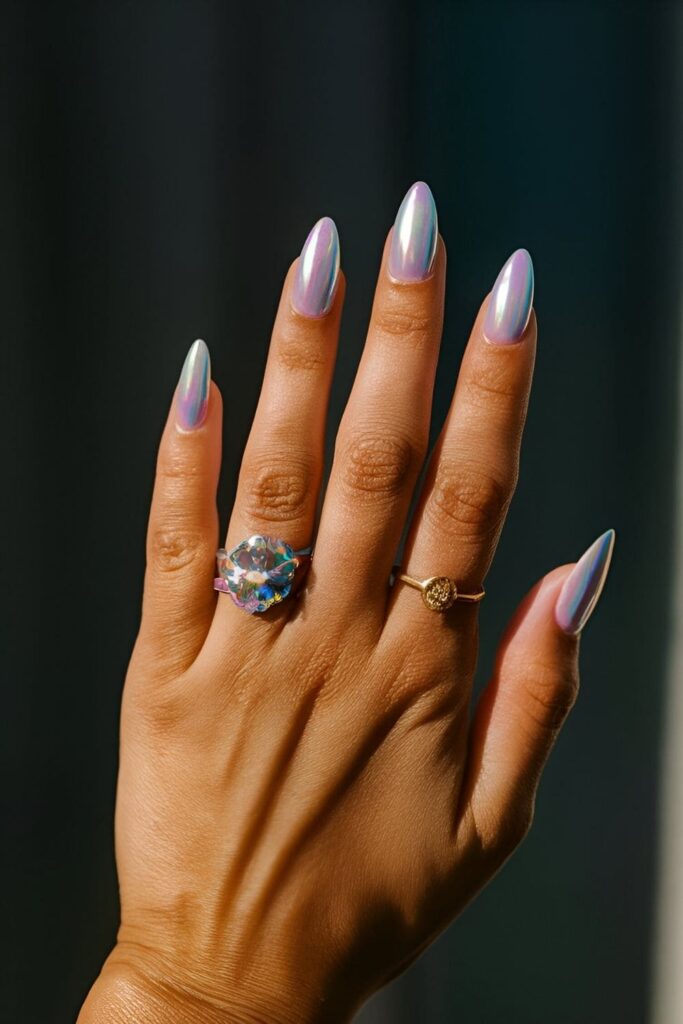 Magical iridescent shimmer nails with a subtle rainbow effect