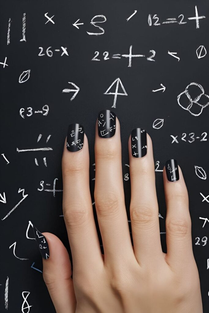 Matte black nails with white nail art pens used to draw tiny equations, doodles, and quotes, creating a chalkboard effect