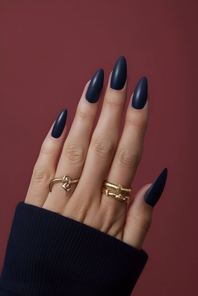 Matte nails in deep navy with glossy accent details