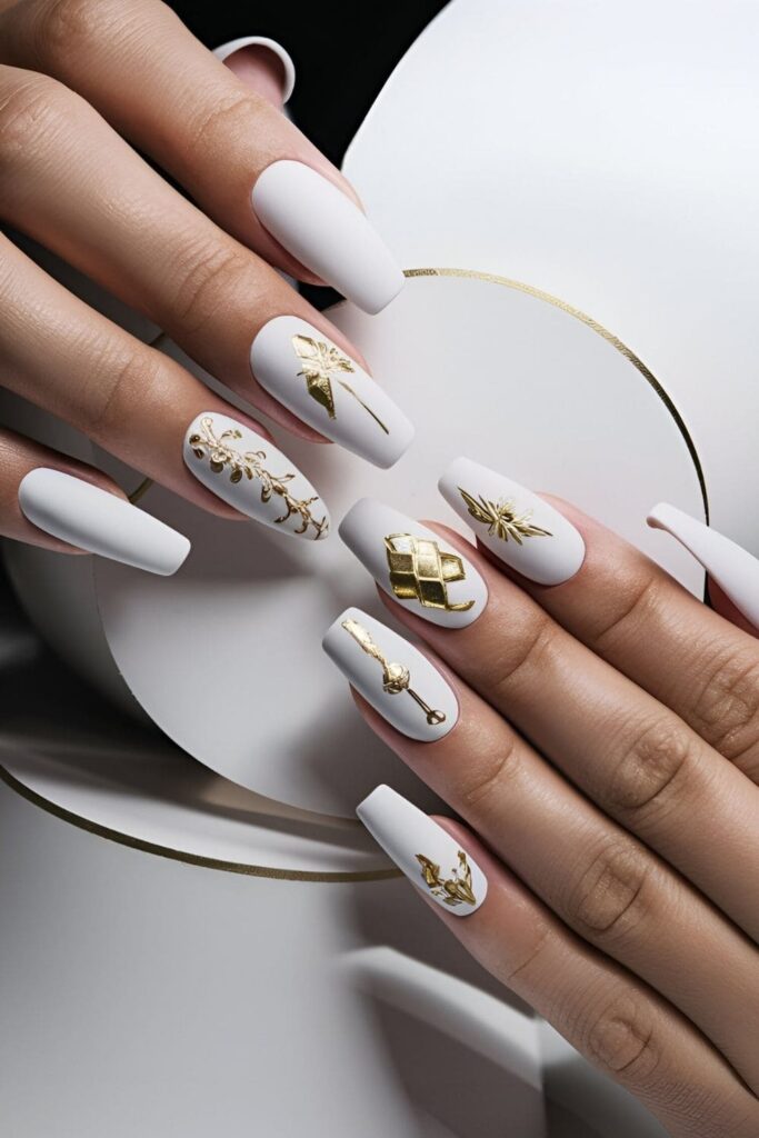 Matte white nails with elegant gold foil accents