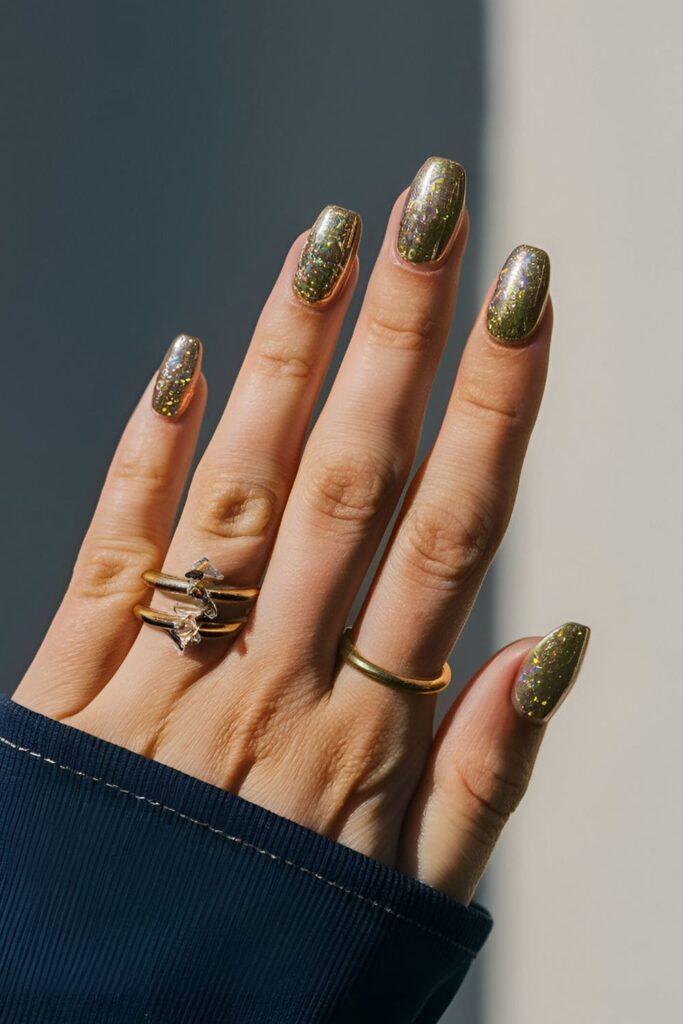 Mesmerizing gold acrylic nails with holographic flakes, creating a multidimensional, shimmering effect