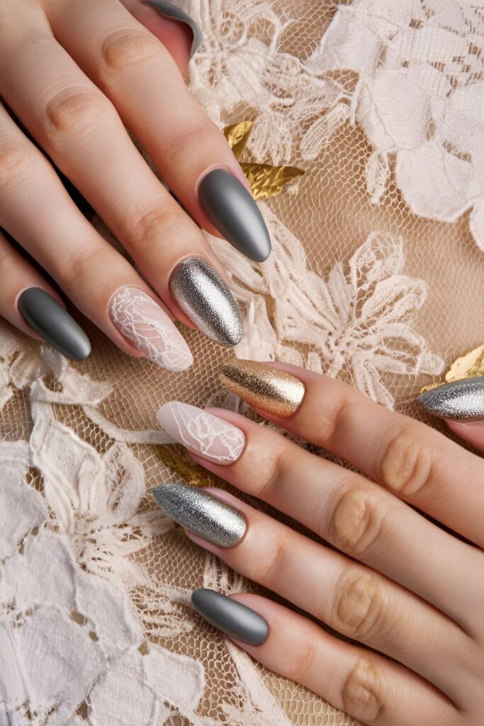 Mixed media nails with matte, glossy, metallic, and lace textures