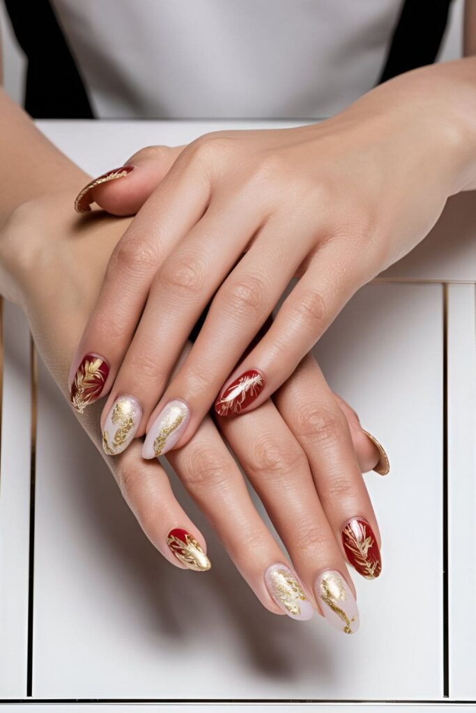 Nails accented with luxurious gold leaf pieces on a solid color base, creating a stunning, textured effect