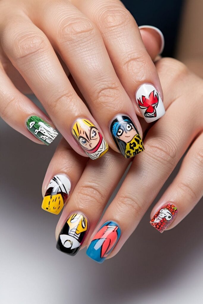 Nails adorned with bright and bold comic art