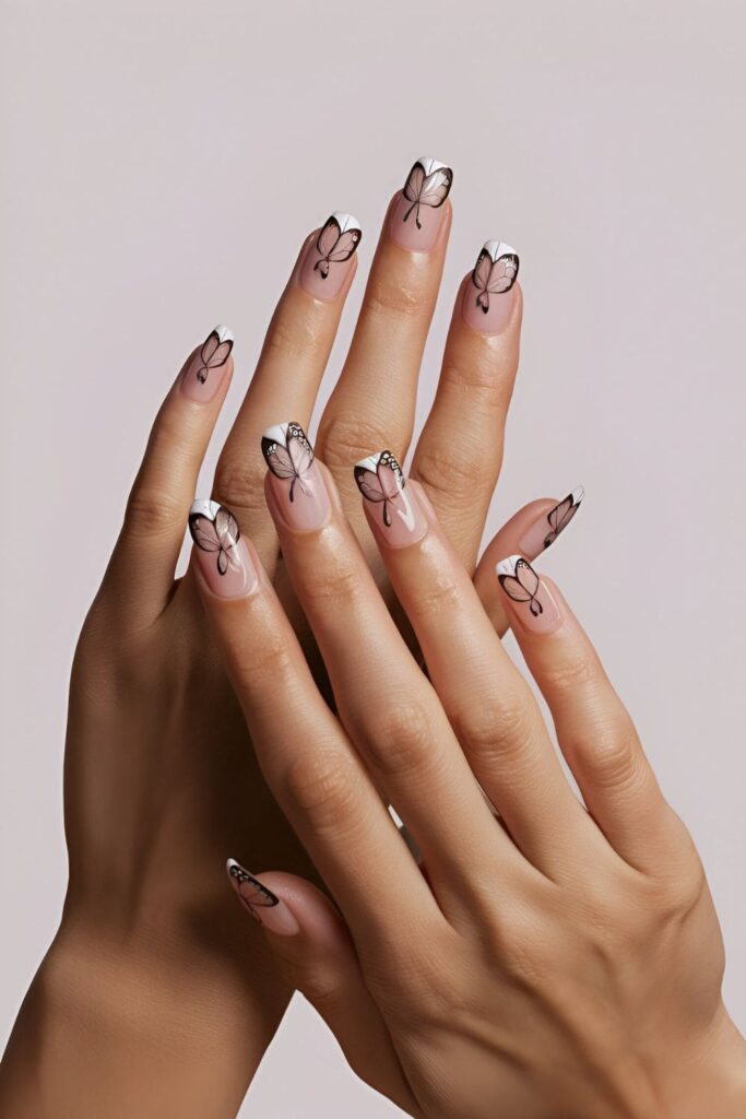 Nails adorned with delicate butterfly accents, featuring hand-painted butterflies or decals on a solid base