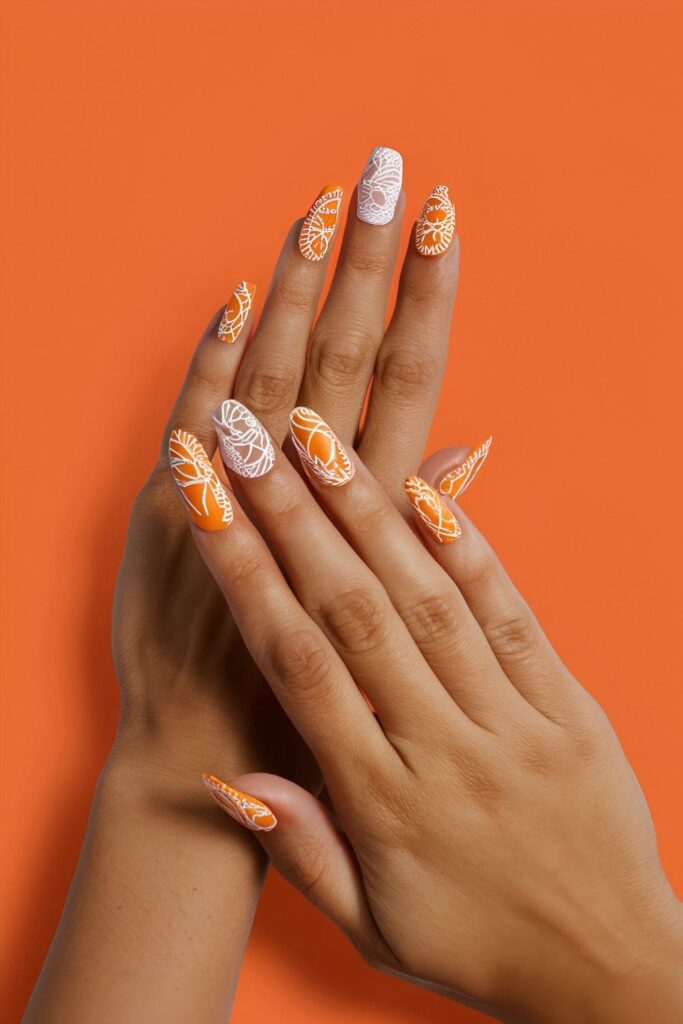 Nails adorned with intricate lace patterns in white or black on an orange base, elegant and intricate nail art