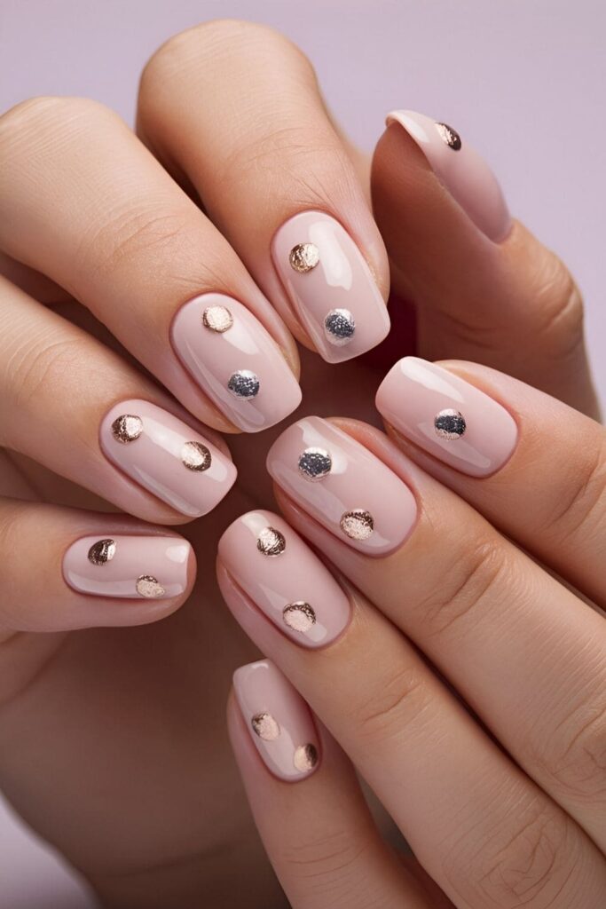 Nails adorned with small metallic dots in gold, silver, and rose gold on a solid color base adding understated luxury