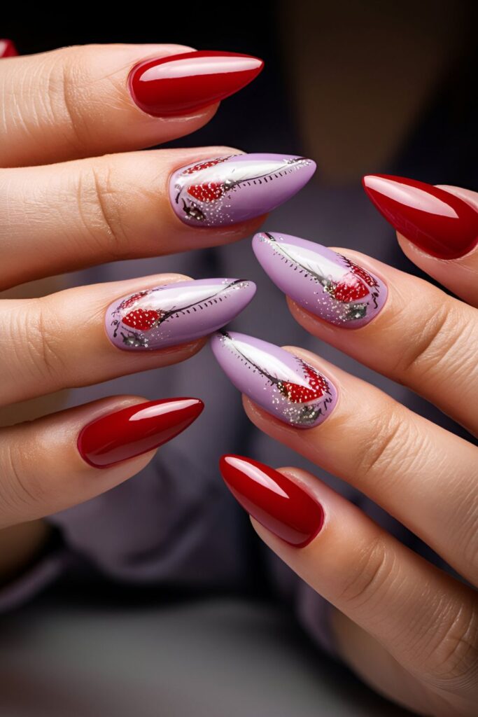 Nails alternating between red and lavender, or blended in an ombre effect, looking soft yet vibrant