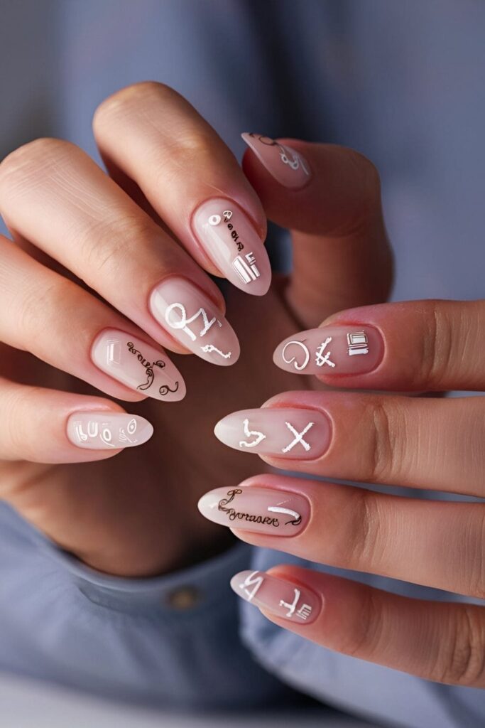 Nails decorated with tiny book icons, alphabet letters, and math symbols to showcase a scholarly and studious vibe