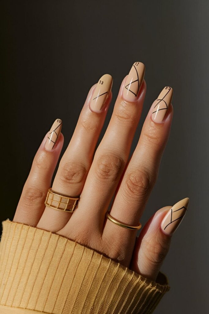 Nails designed to look like classic library cards with a beige or light yellow base and tiny lines and numbers drawn for a vintage look