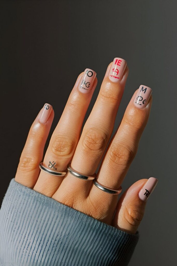 Nails designed with small squares and element symbols to channel a science geek vibe and create an intellectual look