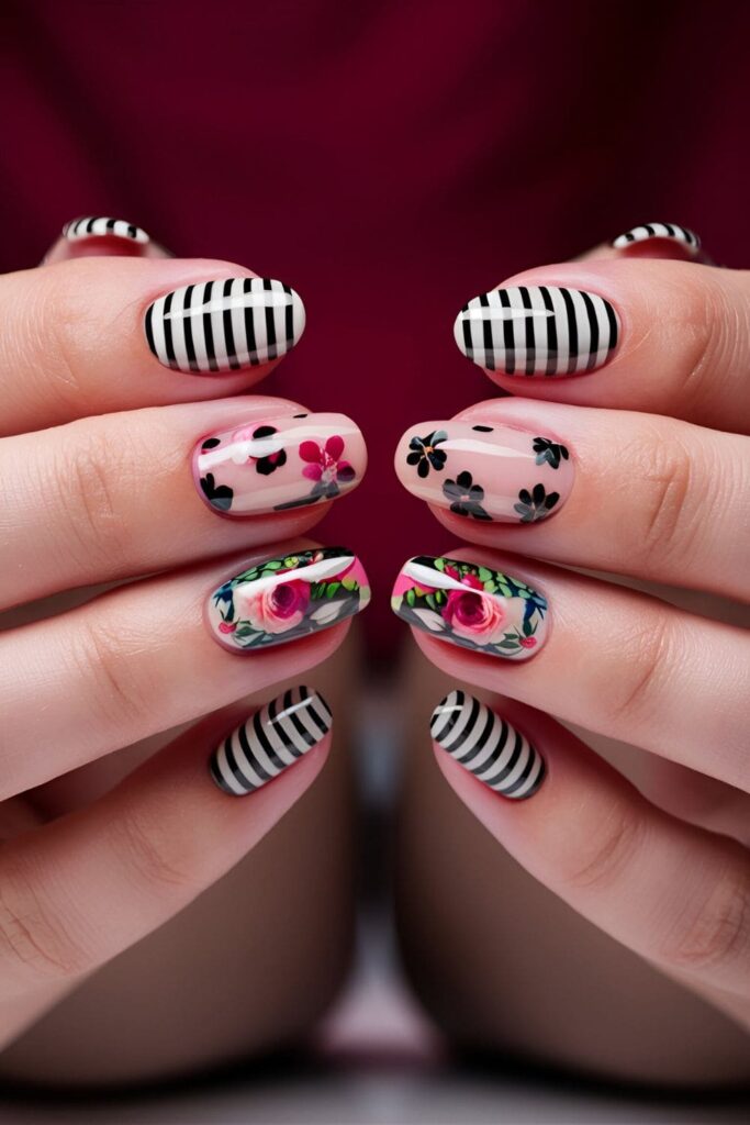 Nails featuring a mix of designs including stripes, polka dots, florals, and geometric patterns in various bright and contrasting colors (1)