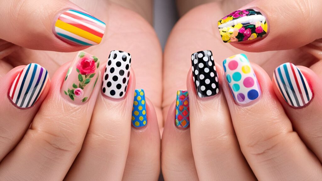 Nails featuring a mix of designs including stripes, polka dots, florals, and geometric patterns in various bright and contrasting colors