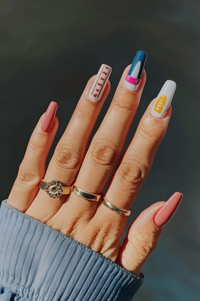 Nails inspired by school supplies, featuring tiny rulers, scissors, and glue sticks for a playful and everyday item-themed design

