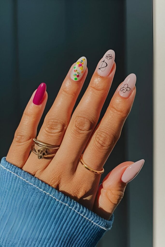 Nails inspired by science experiments, using bright colors to represent different chemicals and drawing small beakers, test tubes, and atom symbols