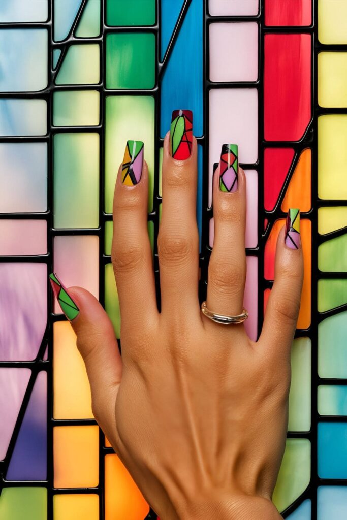 Nails inspired by stained glass windows, with vibrant colors separated by black lines, creating a mosaic effect