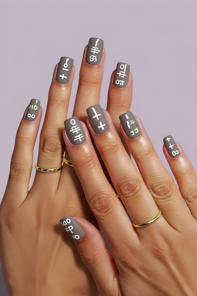 Nails resembling calculator buttons with a gray or black base and small numbers and symbols drawn in white or neon colors for a nerdy chic look

