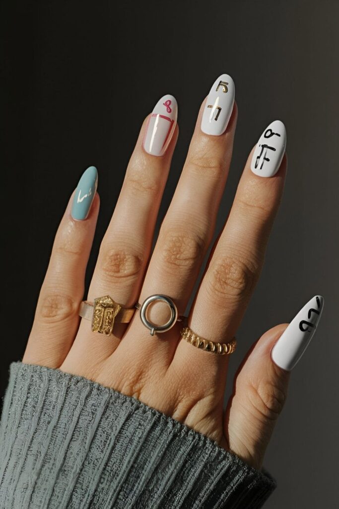 Nails showcasing the alphabet with each letter painted in different colors or a classic black-and-white theme for an educational style