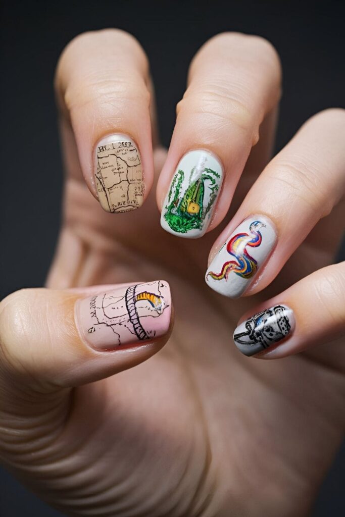 Nails turned into miniature works of art by painting them to resemble the covers of favorite books, using tiny brushes for detailed designs