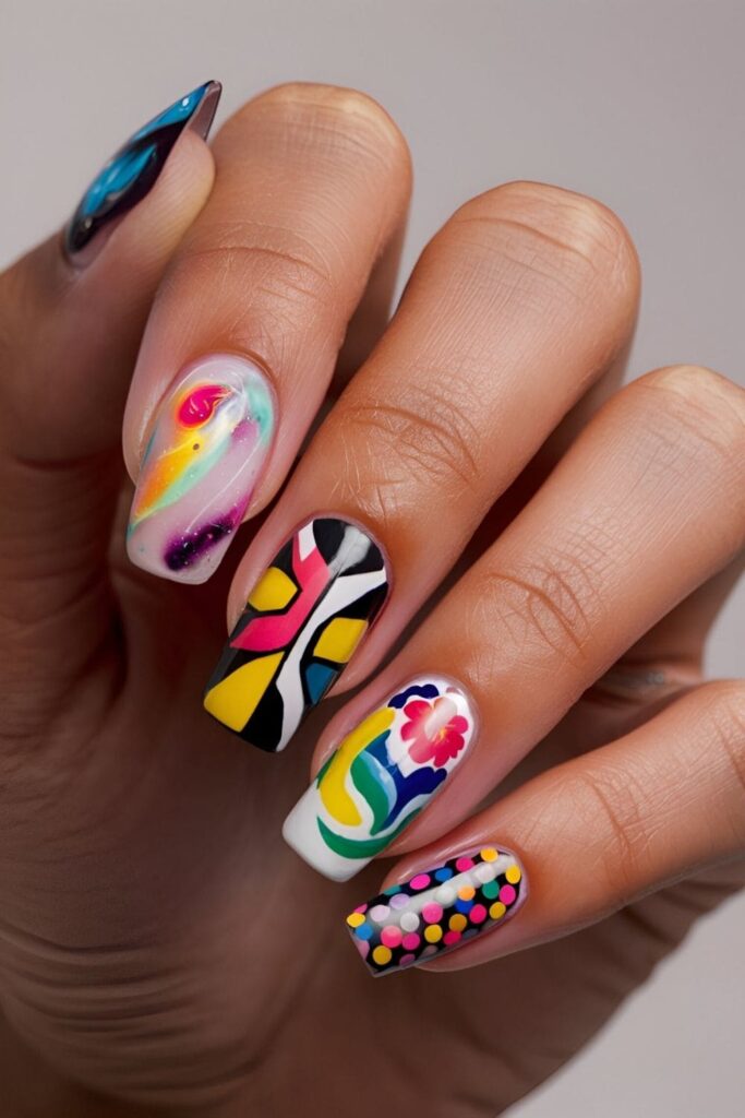 Nails turned into tiny canvases with unique abstract art designs, using various colors and shapes for artistic expression