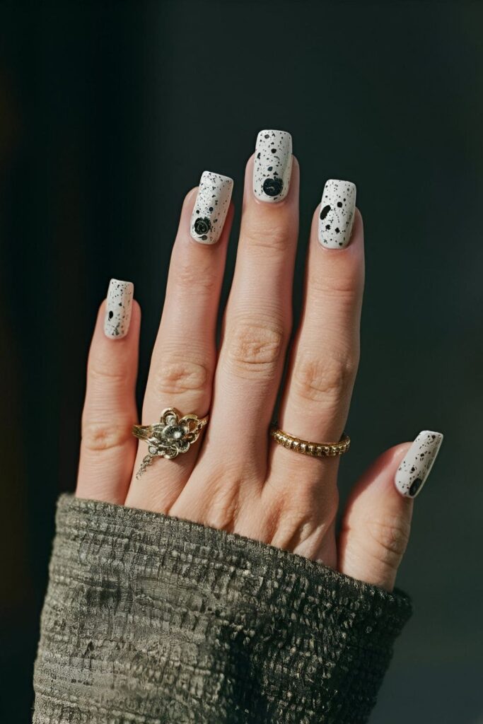 Nails with a black and white marbled pattern, black base, white speckles, and a label design to mimic a composition book