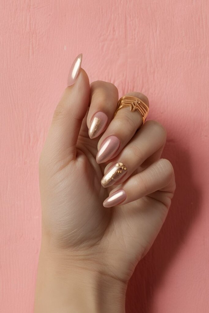 Nails with a blush pink base and gold accents, including stripes, dots, or geometric shapes, for an elegant and luxurious design