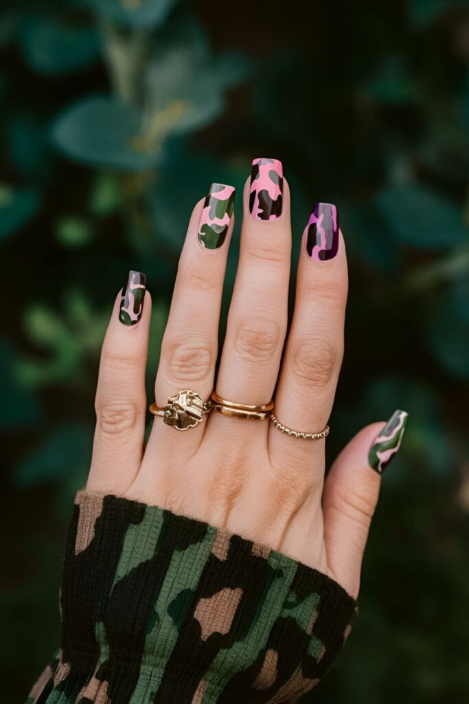 Nails with a camouflage pattern in shades of green, brown, and black, or with a funky twist using colors like pink, blue, or purple