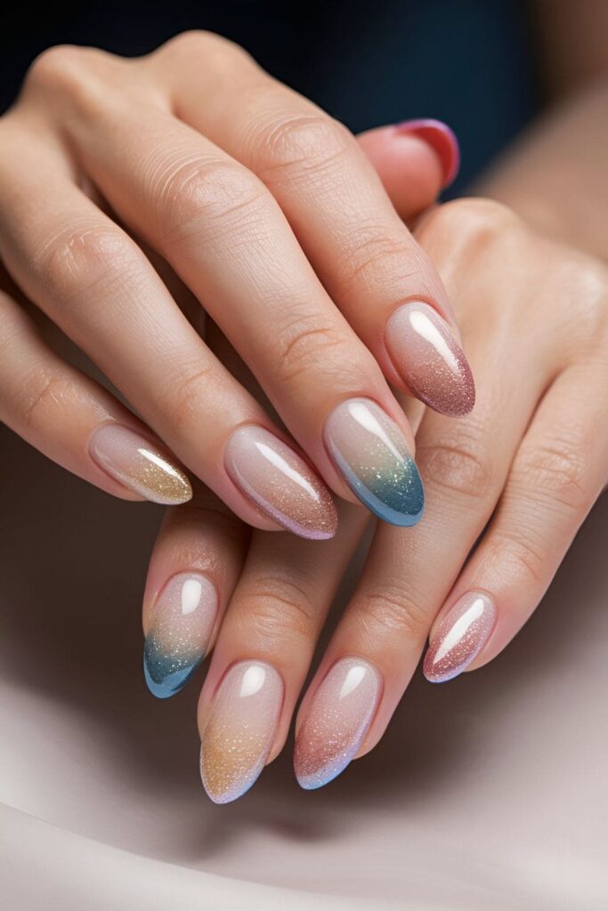 Nails with a glamorous glitter fade effect, showcasing a gradient of glitter from the tip to the middle