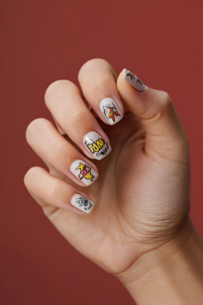 Nails with a neutral base, decorated with black outlines and colorful comic-inspired elements like speech bubbles, action words, and mini superhero illustrations