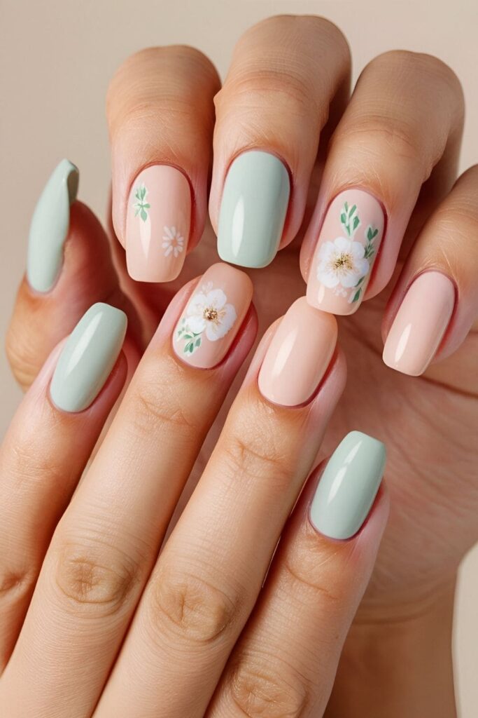 Nails with a single small, delicate flower accent on a solid color base offering a natural and elegant touch