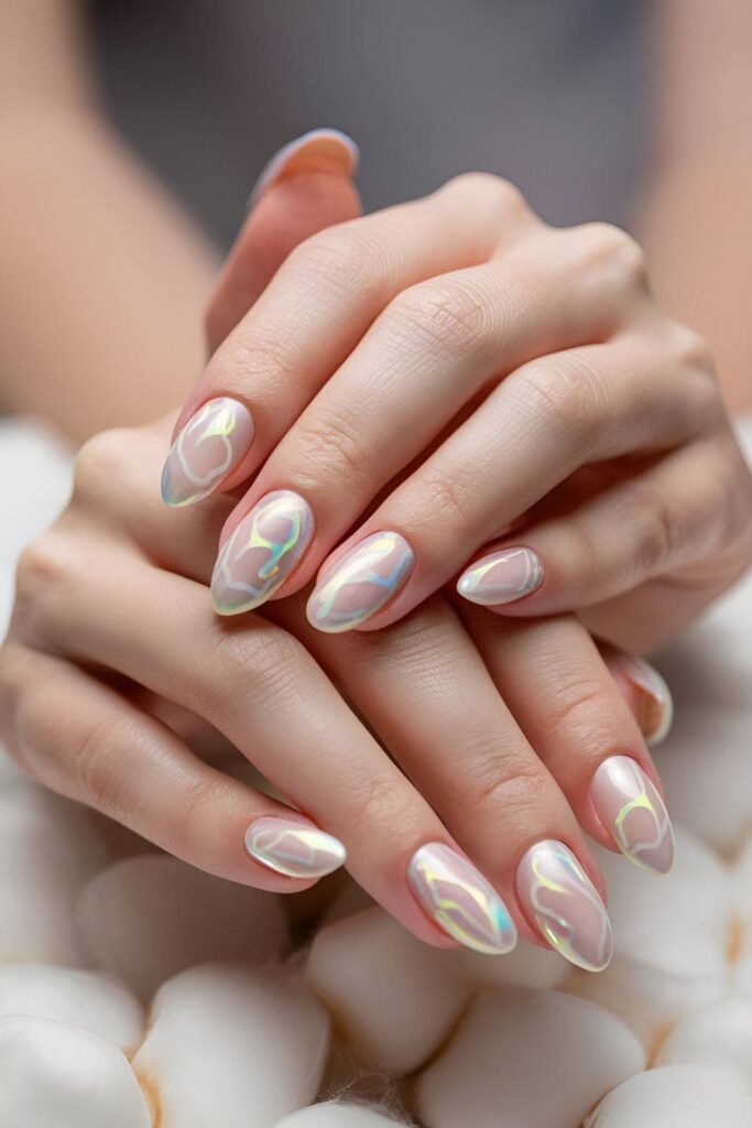 Nails with a soft, iridescent pearlescent finish that catches the light beautifully, adding subtle elegance