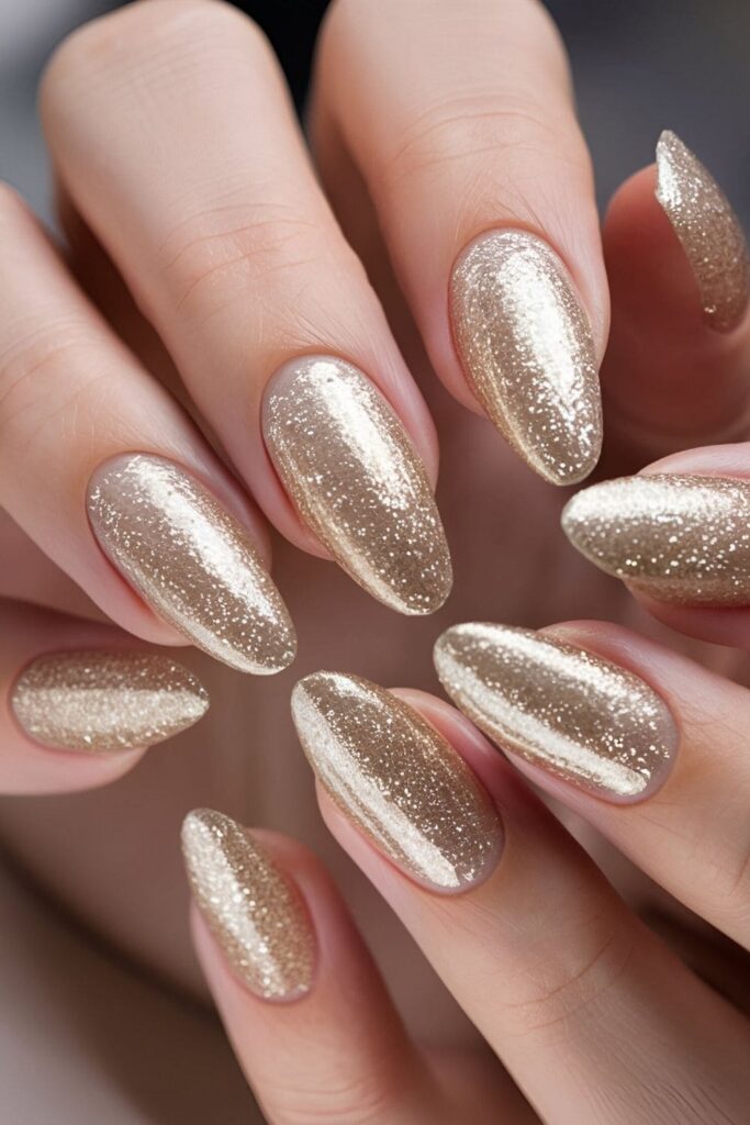 Nails with champagne glitter, creating a glamorous and sparkling effect with a warm, shimmering hue that adds a festive and elegant touch