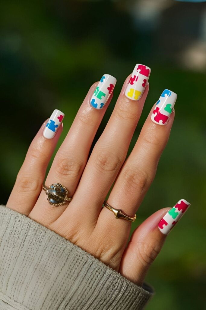 Nails with colorful puzzle pieces painted over white