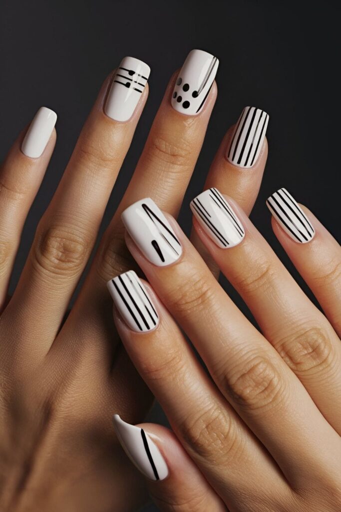 Nails with minimalist black and white geometric designs showcasing a timeless and versatile style