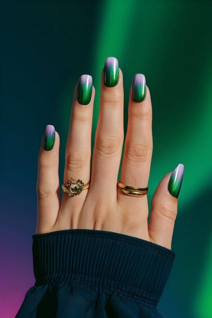 Nails with vibrant greens, purples, and blues, enhanced with a glossy top coat to mimic the Northern Lights