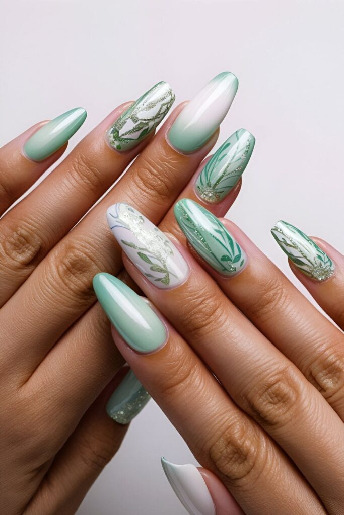 Nails with white and mint green gradient or patterns