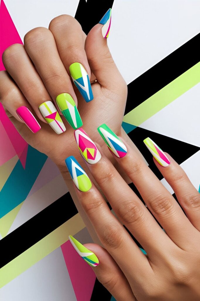 Neon geometric nail art design in vibrant colors