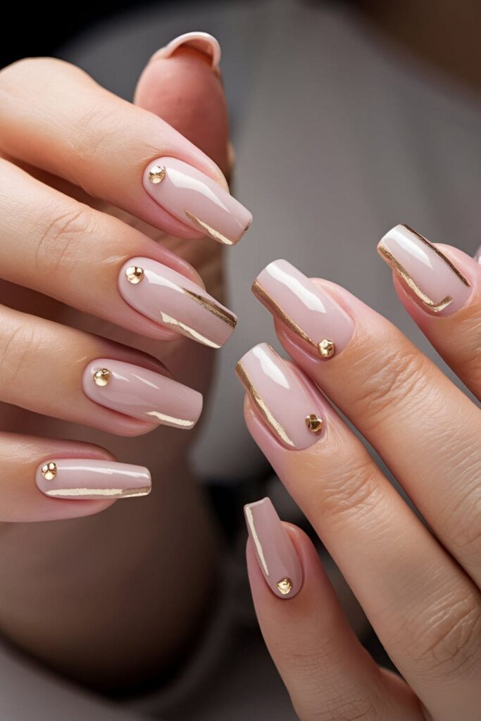 Nude nails elevated with luxurious gold accents, using foil, polish, or embellishments for added sophistication