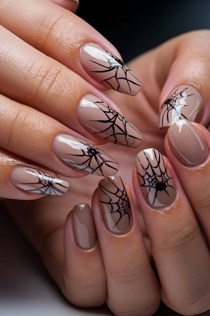 Nude nails with delicate spider web designs painted intricately for a subtle and stylish look