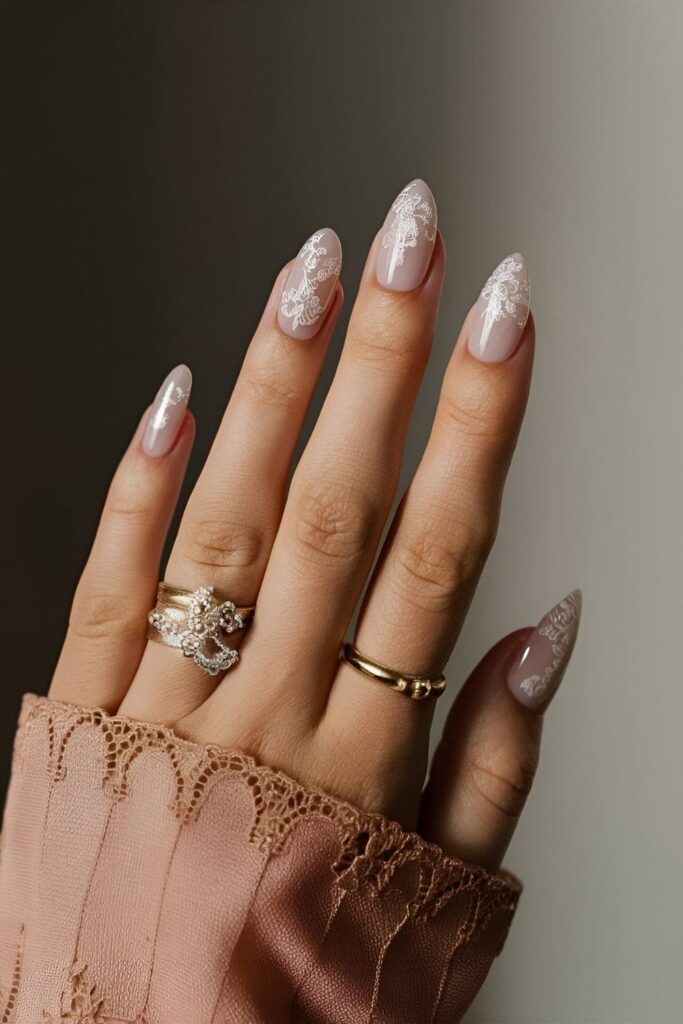 Nude nails with intricate lace patterns painted delicately, adding an elegant touch perfect for formal events