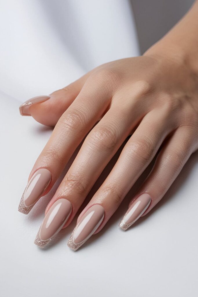 Nude or pale pink acrylic nails with subtle glitter accents at the tips, perfect for a touch of glam