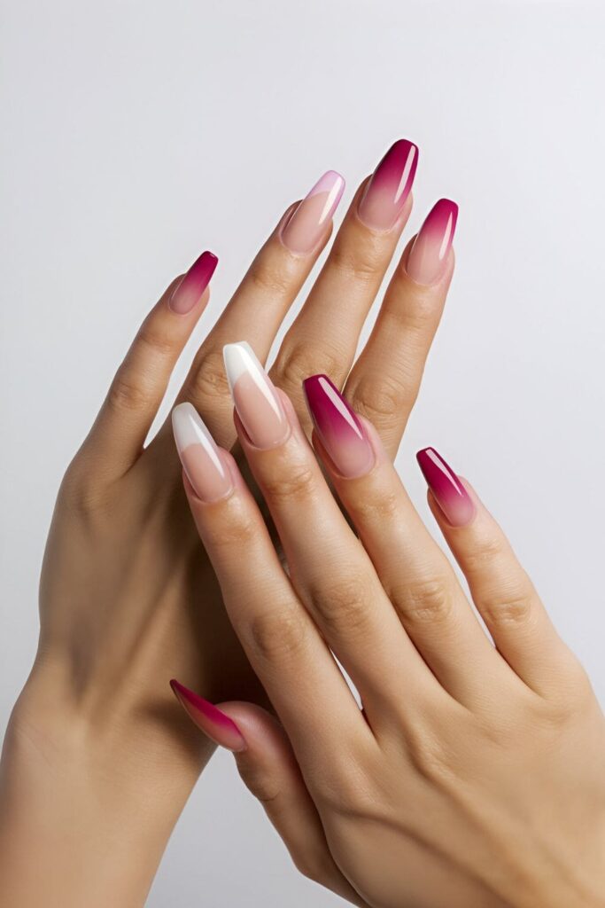 Ombre effect pink coffin nails with a gradient from light pink at the base to dark pink at the tips