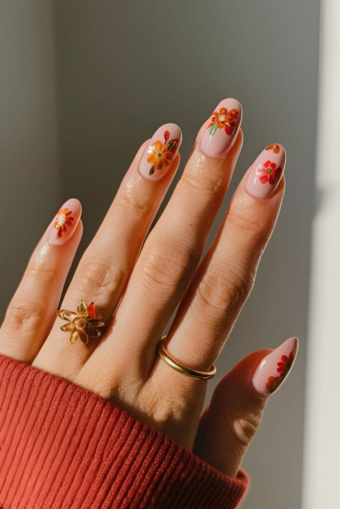 Pale pink base nails with detailed fall flowers in shades of orange, red, and yellow, capturing the essence of fall