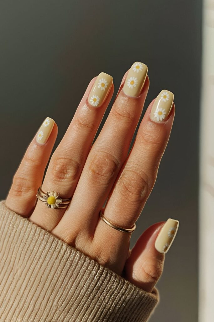 Pale yellow base nails decorated with tiny white daisies, capturing the essence of late summer and early fall